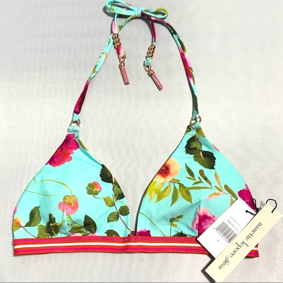 Nanette Lepore Blue Floral Triangle Bikini Top Francesca Tassels Rose Gold Sz6 - Picture 3 of 12